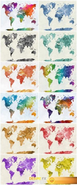 World map in watercolor rainbow – Set of 12xUHQ JPEG Professional Stock Images