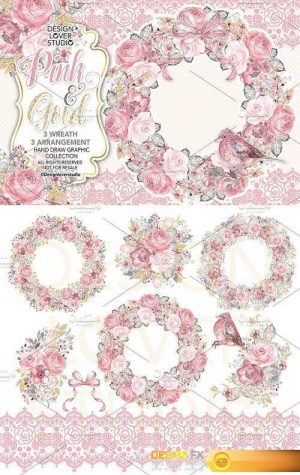 Watercolor PINK and GOLD wreaths 1448327