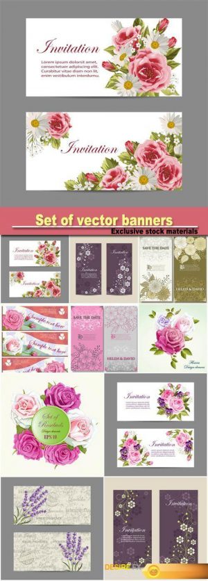 Set of vector banners, beautiful compositions with pink roses and lavender flowers