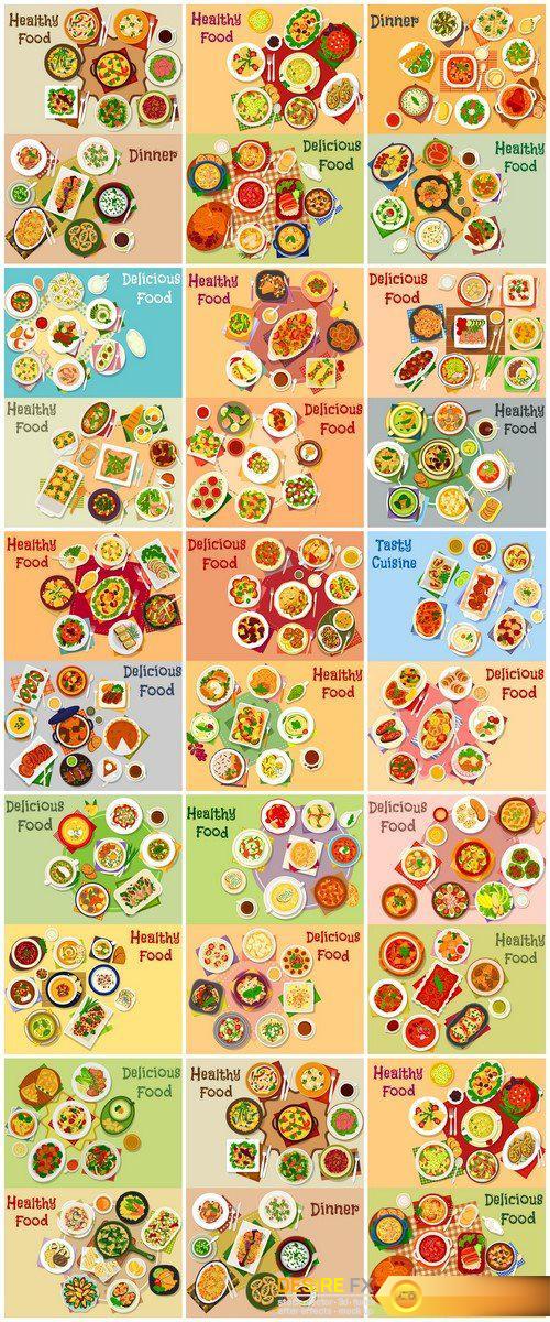 Meat dishes icon set of meat salad with vegetable 13X EPS