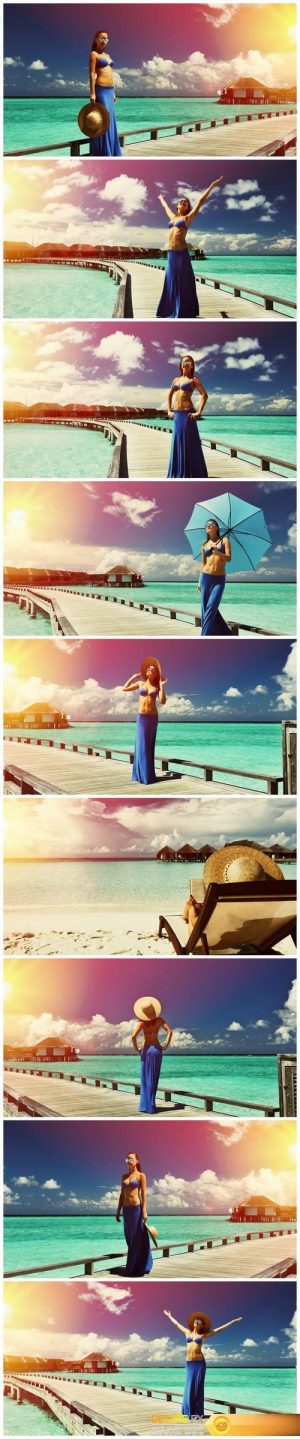 Woman on a beach jetty at Maldives – 9xUHQ JPEG Photo Stock