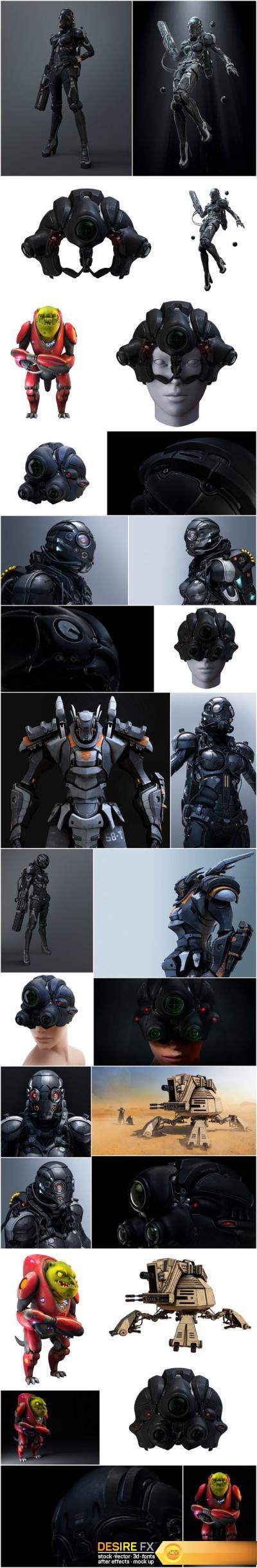 3D rendering cyborg girl, robot and space pirate – Set of 28xUHQ JPEG
