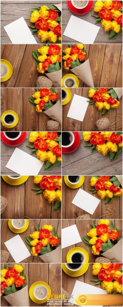Colorful tulips, greeting card and coffee – Set of 14xUHQ JPEG Professional Stock Images