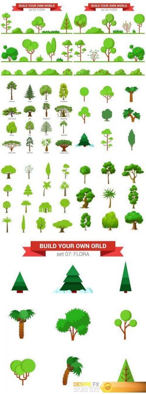 Flat style flora plant tree bush grass nature objects icon set 7X EPS