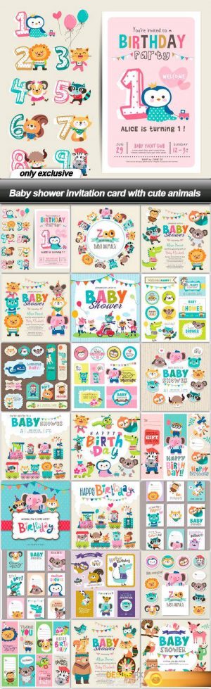 Baby shower invitation card with cute animals – 21 EPS