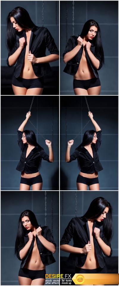 Beautiful sexy young woman posing wearing black jacket on naked body – Set of 6xUHQ JPEG Professional Stock Images