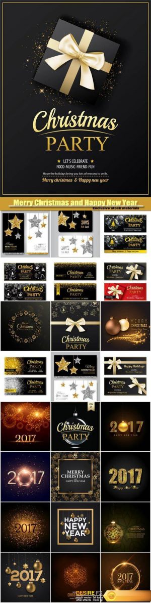 Merry Christmas and Happy New Year vector, invitation party banner, card design template, gold glittering