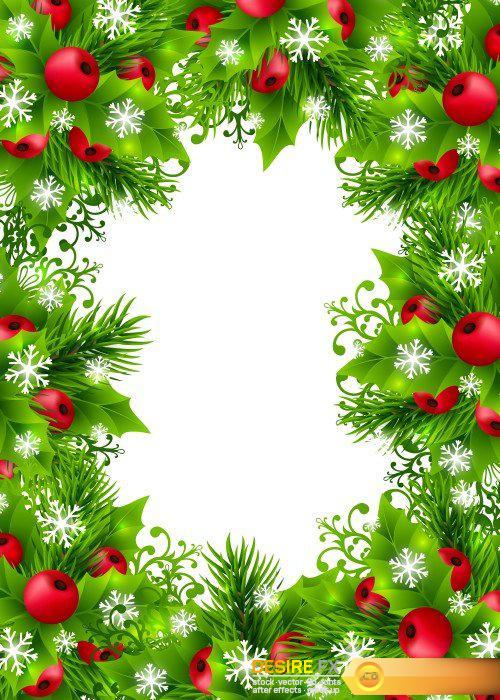 Christmas background with fir branches, holly leaves, red holly berries and glowing snowflakes, winter holiday poster with decorations and greeting text