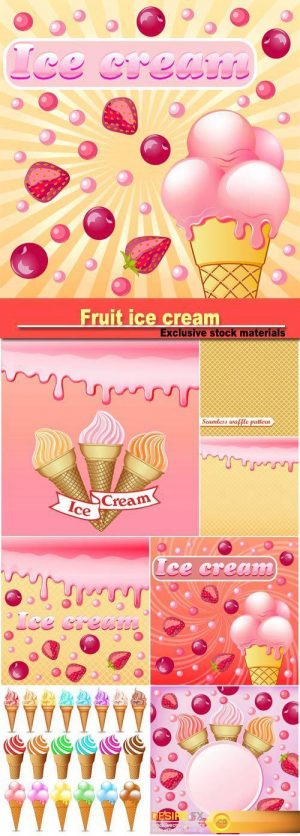 Illustration background with the influx of strawberry cream and with a set of fruit ice cream with a ribbon