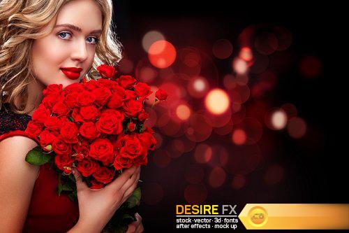 Beautiful blonde woman holding bouquet of red roses – 10 UHQ JPEG