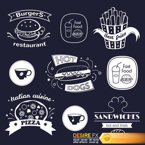 Fast food signs set, retro typography, restaurant logos 15X EPS