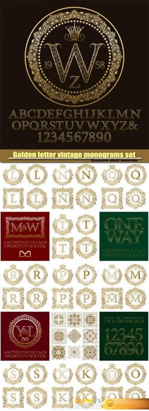 Golden letter vintage monograms set, monogram in floral frame, english vintage alphabet
