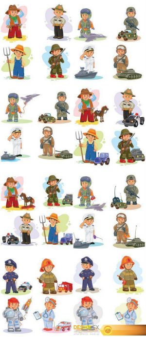 Set of vector icons of small children airman, soldier, sailor and tanker 8X EPS