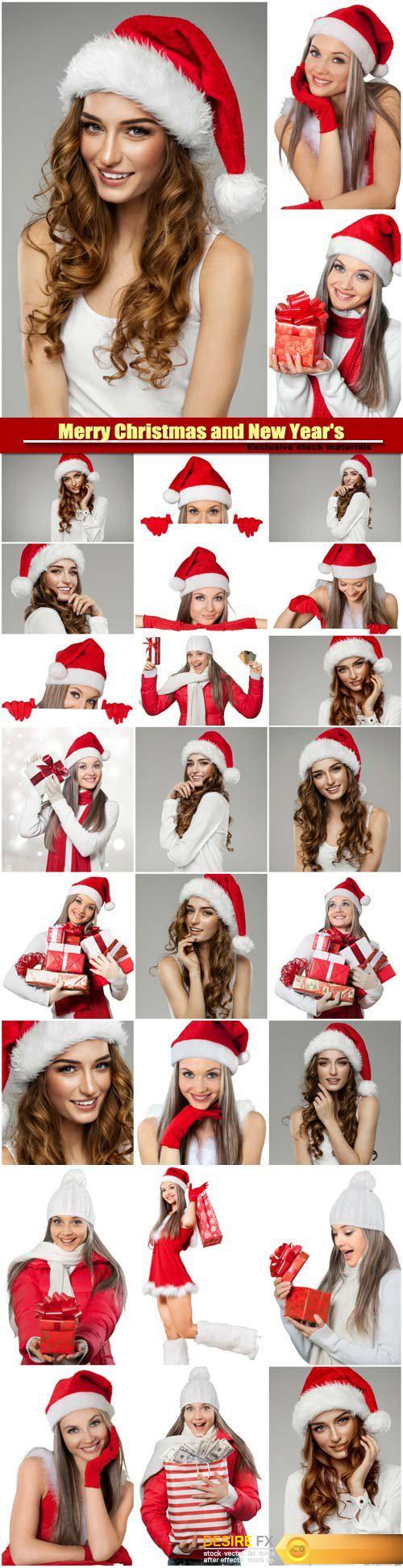 Beautiful female model wear santa hat, Merry Christmas and New Year’s