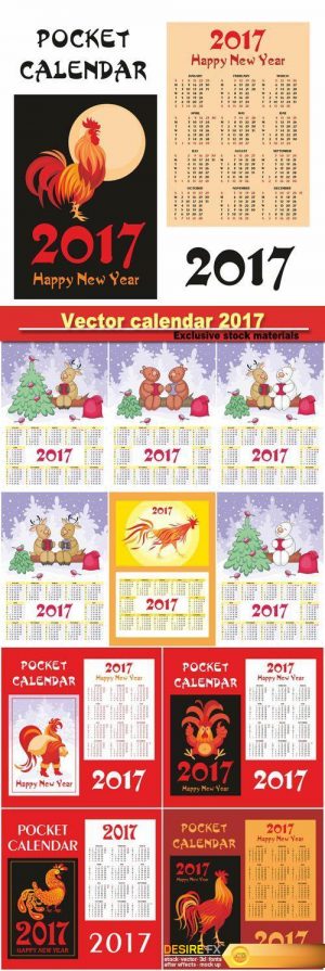 Vector calendar 2017 with deer and fiery cocks