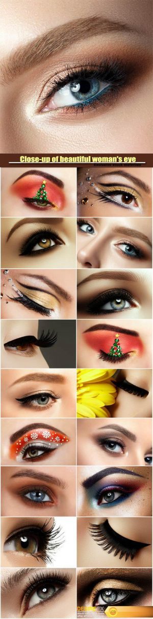 Close-up of beautiful woman’s eye, colored eyeshadows, makeover christmas tree