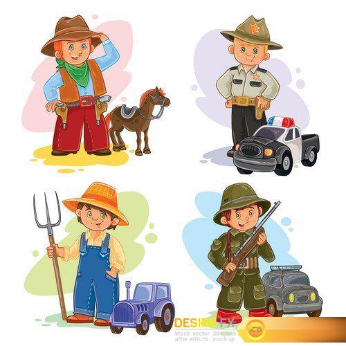 Set of vector icons of small children airman, soldier, sailor and tanker 8X EPS