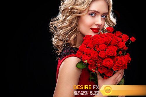 Beautiful blonde woman holding bouquet of red roses – 10 UHQ JPEG