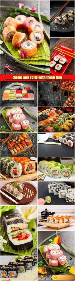 Sushi and rolls with fresh fish, cuisine with fresh seafood