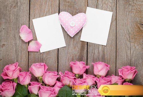 Pink roses over wooden table with valentines day gift box 20X JPEG