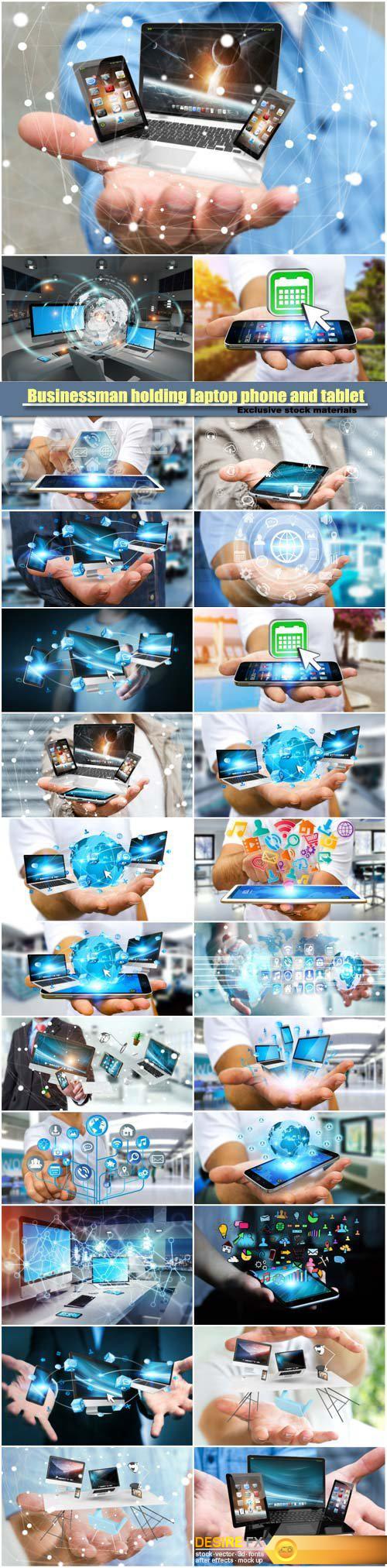 Businessman holding laptop phone and tablet in his hand 3D rendering