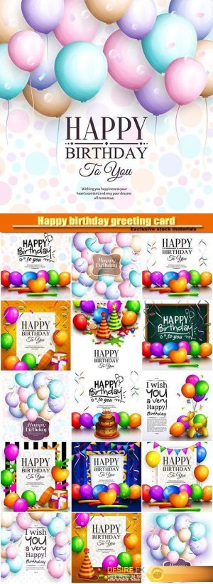 Happy birthday greeting card, multicolored balloons