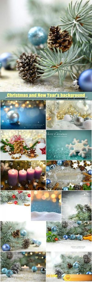 Christmas and New Year background, Christmas tree with pine cones and Christmas balls, sparkling candles