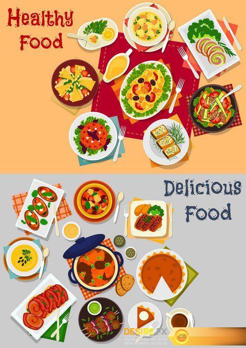 Meat dishes icon set of meat salad with vegetable 13X EPS