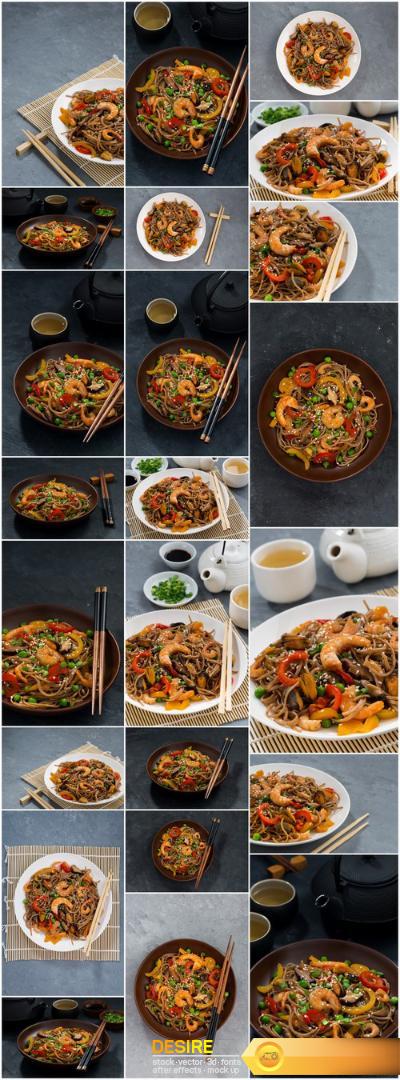 Asian buckwheat noodles with seafood and vegetables – 23xUHQ JPEG