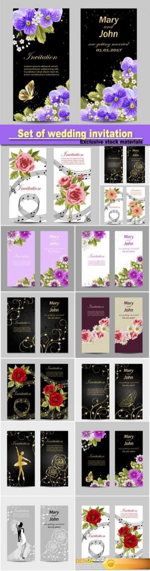 Set of wedding invitation cards design, beautiful flowers, vector illustration