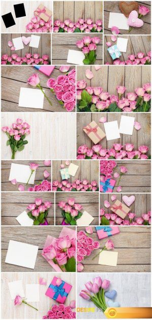 Pink roses over wooden table with valentines day gift box 20X JPEG