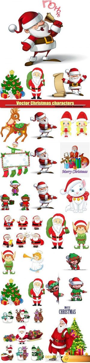 Vector Christmas characters, Santa Claus, elves and snowmen
