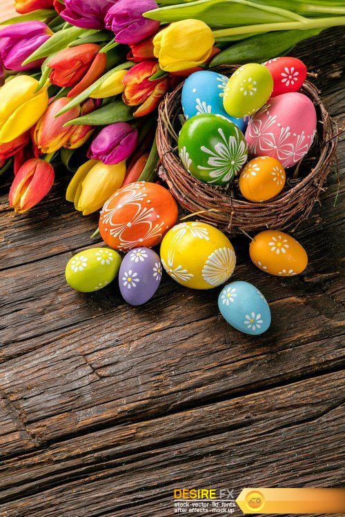 Easter eggs and tulips on wooden planks 26X JPEG
