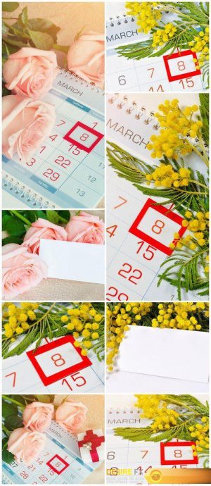 8 March card – mimosa flowers over the calendar 8X JPEG