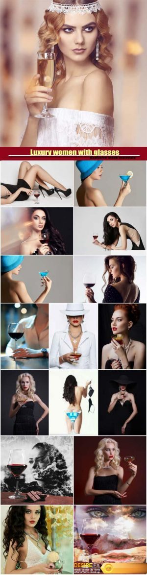Luxury women with glasses of champagne and wine