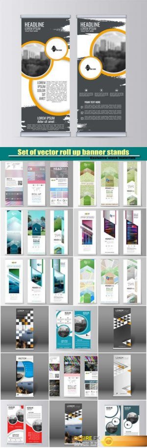 Set of vector roll up banner stands, abstract flyer design background, brochure template