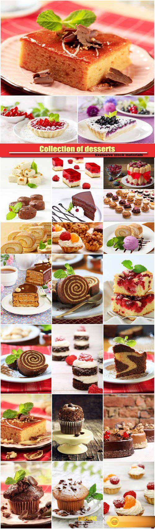 Collection of desserts, cakes and ice cream