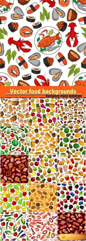 Seamless vector backgrounds food, fruits and vegetables, meat products, seafood