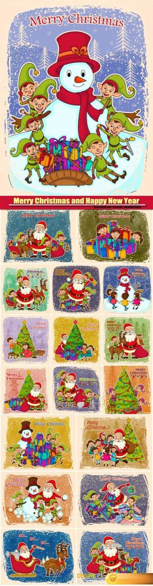 Santa Claus vector and elf making snowman for Merry Christmas