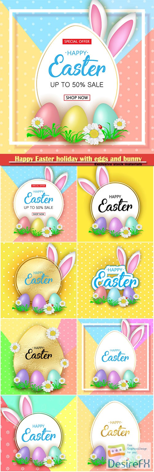 Happy Easter holiday with eggs and bunny, vector illustration # 13