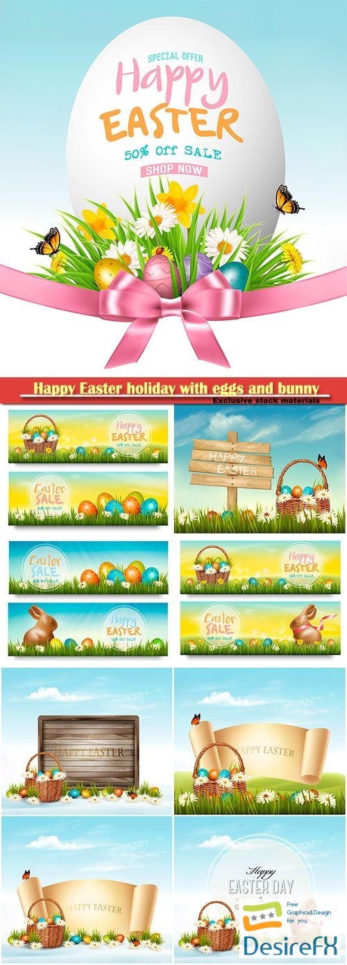 Happy Easter holiday with eggs and bunny, vector illustration # 14