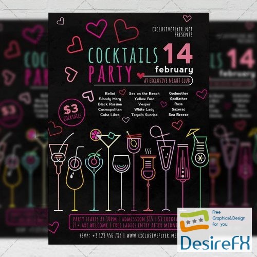 Seasonal A5 Flyer Template - Valentines Cocktails Party