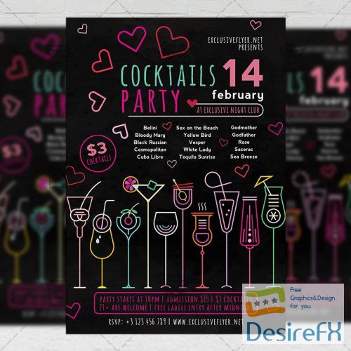 Seasonal A5 Flyer Template - Valentines Cocktails Party