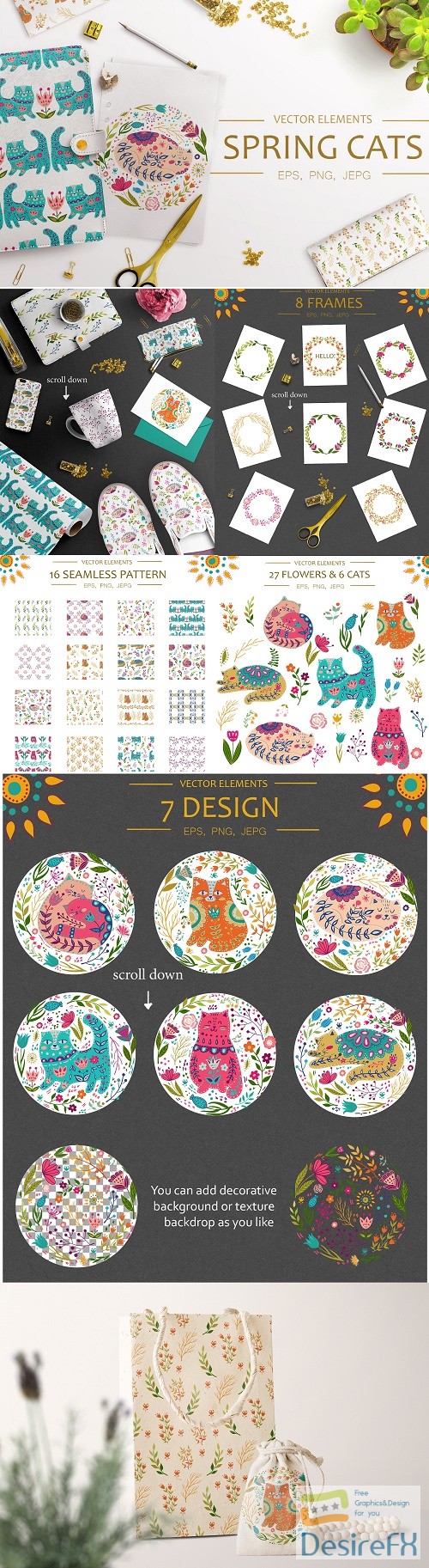 Vector Spring Cats and Plants - 2421455