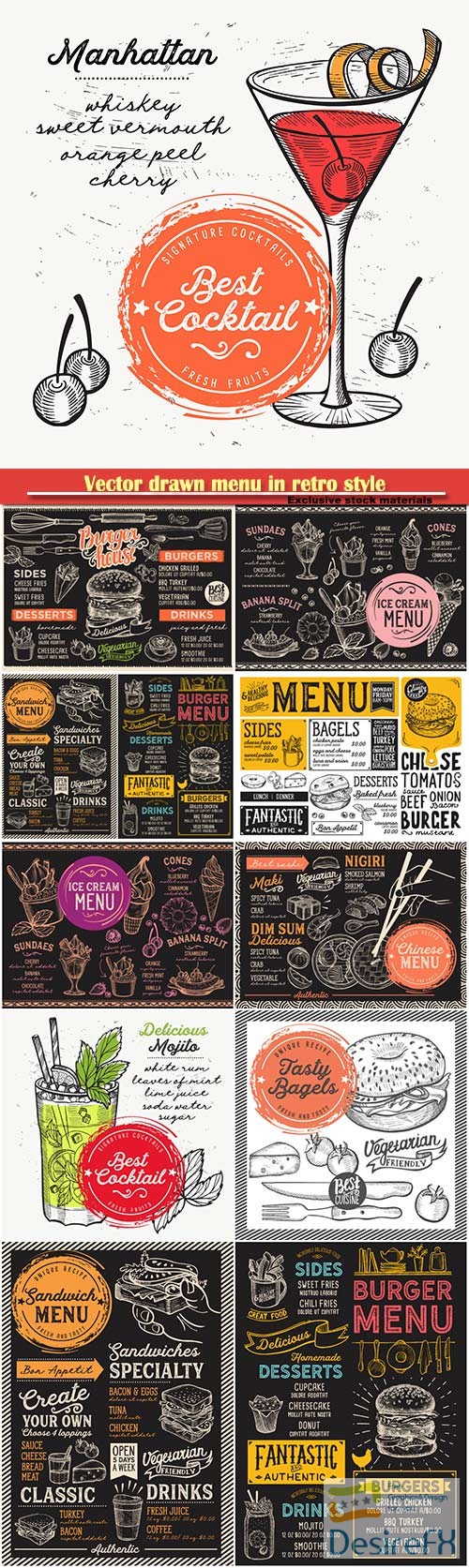 Vector drawn menu in retro style, fast food, sushi, ice cream, cocktails