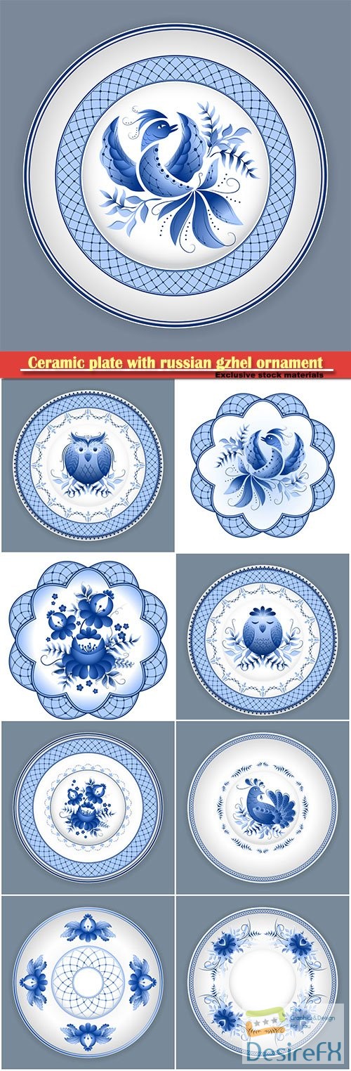 Ceramic plate with classic russian gzhel floral ornament and chicken
