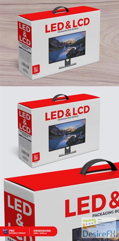 Desktop LCD & LED Packaging Box with Handle PSD Mockup Template