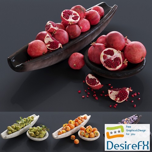 Fruits - pomegranate, figs, persimmon 3D Model