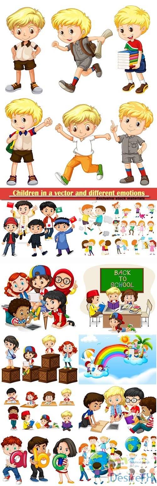 Children in a vector and different emotions