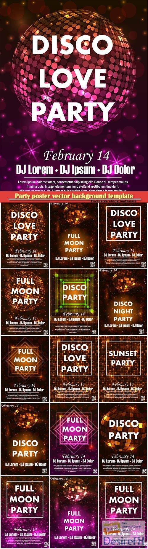Party poster vector background template with particles and modern geometric shapes